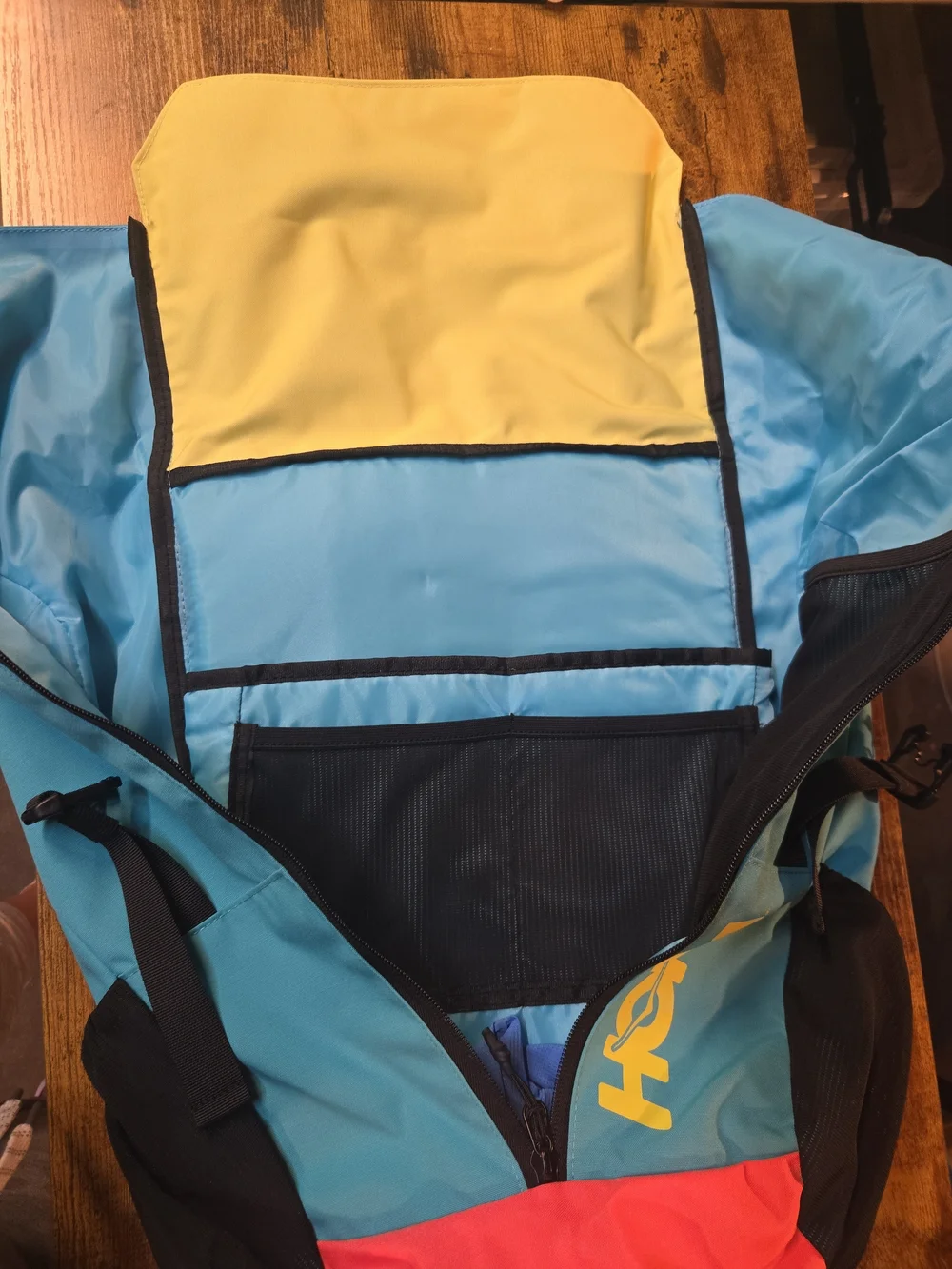 Hoka Colorblock Roll-Top Backpack in Yellow/Teal/Coral